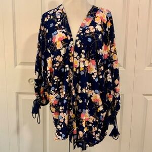 a.n.a. Blue Floral Balloon Tassel Trim Sleeve Rayon Kimono Cardigan